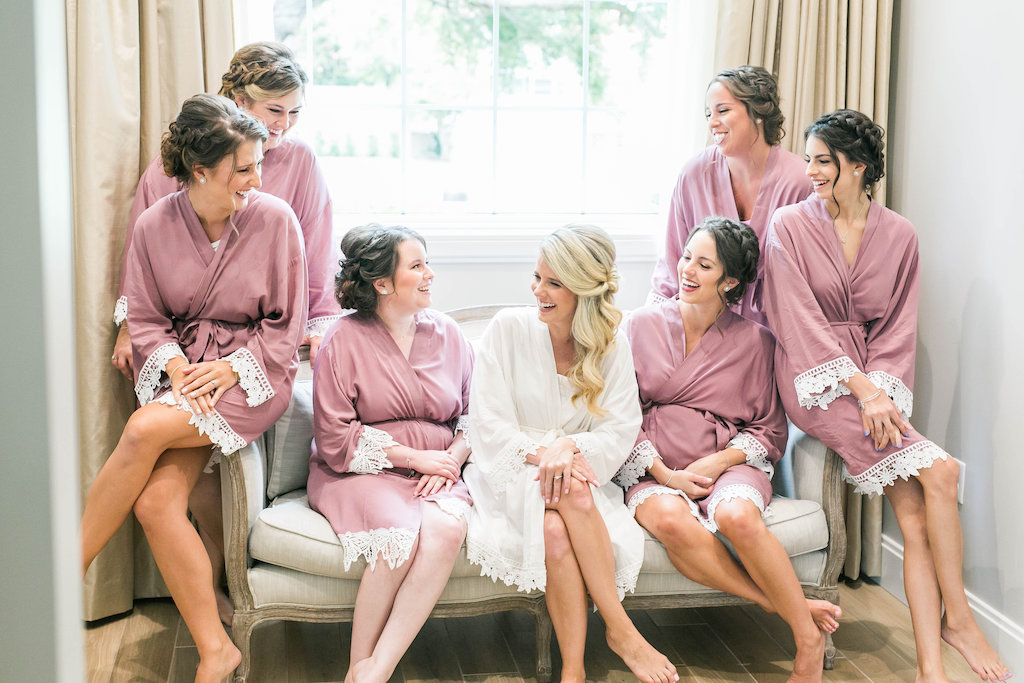 Bride and Bridesmaids Getting Ready Portrait in Dusty Rose Robes | Tampa Bay Hair and Makeup Femme Akoi
