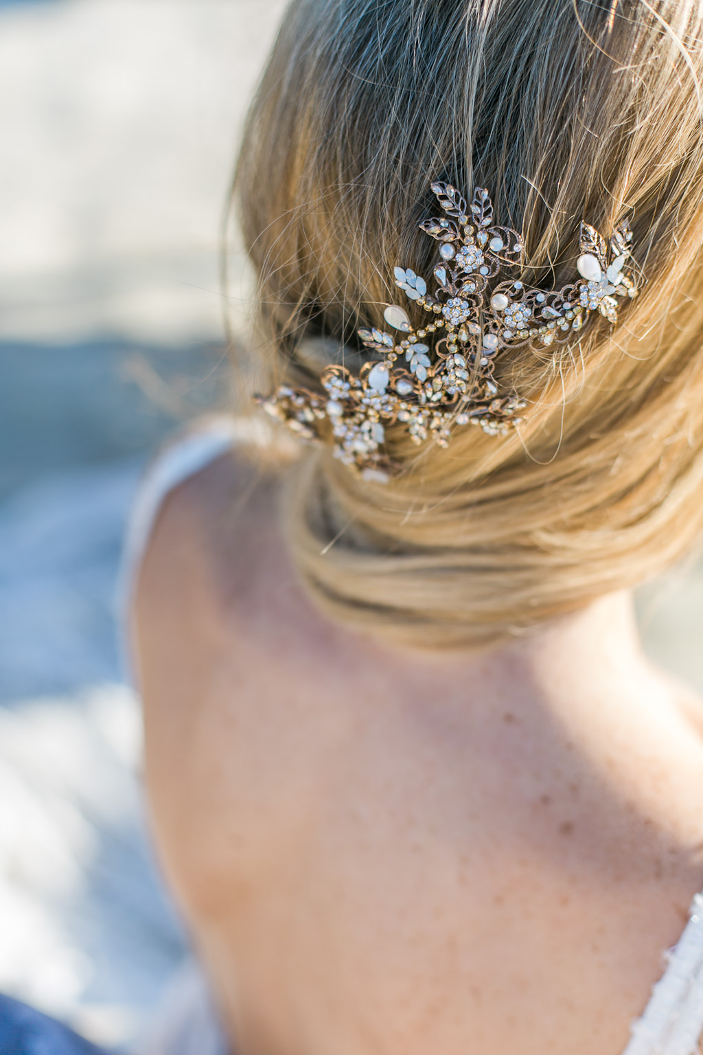 Tampa Bride Wedding Hair Portrait, Pulled to the Side with Antique Vintage Rhinestone Floral Design Pin