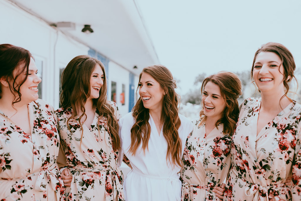 Bride and Bridesmaids Getting Ready Portrait, Bridesmaids in Blush Pink and Floral Robes | Tampa Bay Hair and Makeup Artist Michele Renee the Studio