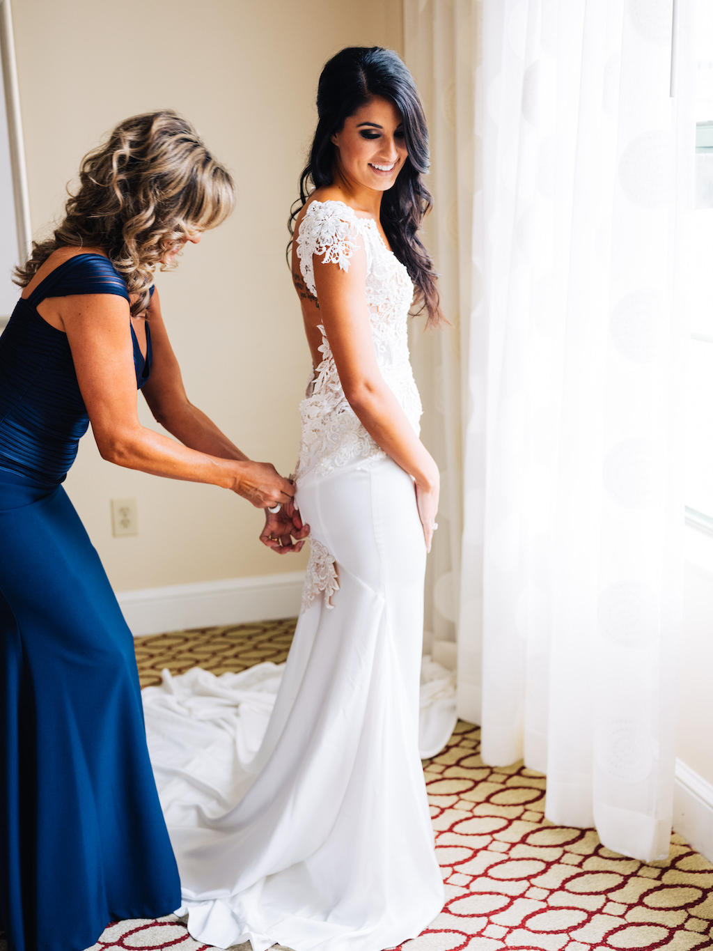 Tampa Bay Bride Getting Ready Wedding Portrait with Mom, Bride in Romantic Fitted Lace and Illusion Cap Sleeve Low Back Pnina Tornai Wedding Dress