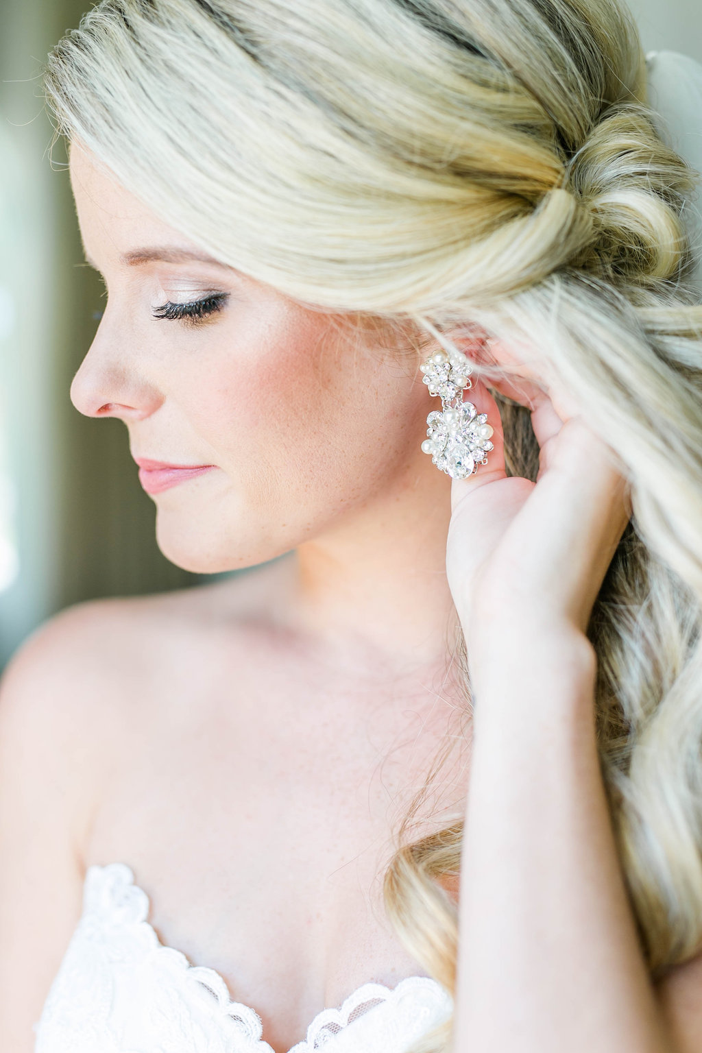 Bride Getting Ready Wedding Portrait with Chandelier Diamond Earrings | Tampa Bay Hair and Makeup Femme Akoi