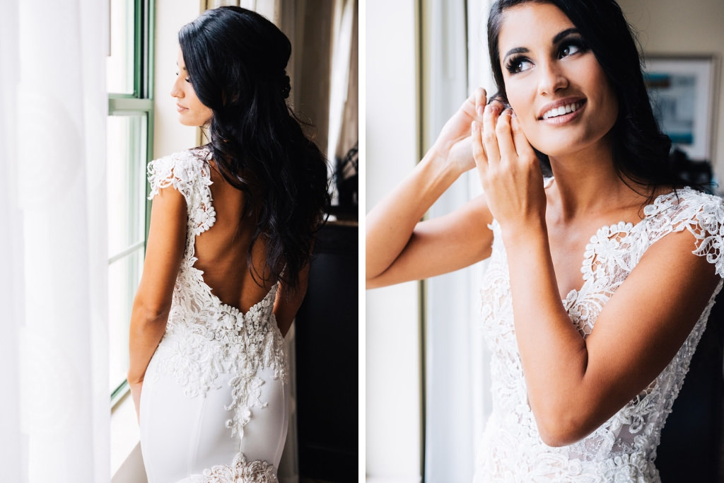 Tampa Bay Bride Getting Ready Wedding Portrait in Romantic Fitted Lace and Illusion Low Back Cap Sleeve Pnina Tornai Wedding Dress
