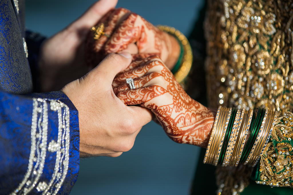 Traditional Indian Bride and Groom Wedding Portrait, Bride's Henna Tattoo and Green and Gold Sari