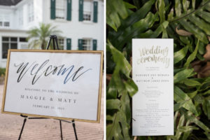 Wedding Ceremony Modern Welcome Sign in Gold Frame and Gold Foil Wedding Program | Tampa Bay Photographer Cat Pennenga Photography | Sarasota Wedding Planner NK Productions