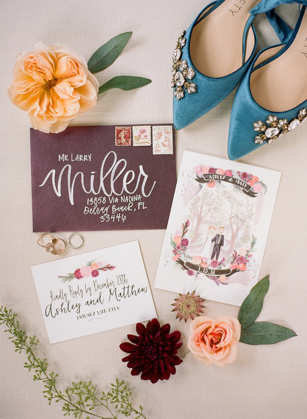 Boho Chic Inspired Personalized Watercolor Wedding Invitation, Blue Velvet Pointed Toe with Rhinestone Wedding Shoes