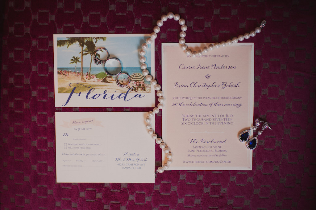 Old Florida Inspired Wedding Invitation, Pearl Necklace, Wedding Rings and Blue Sapphire Diamond Pear Shape Earrings