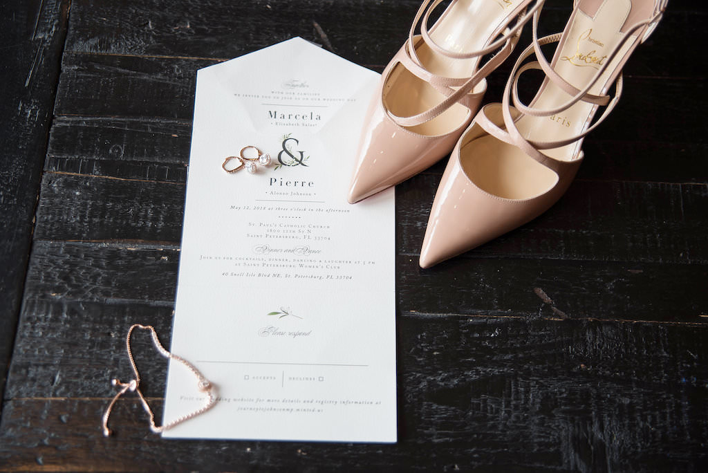 Romantic Modern White Wedding Invitation, Nude Strappy Pointed Toe Christian Louboutin Strappy Wedding Shoes | Tampa Bay Wedding Photographer Kristen Marie Photography