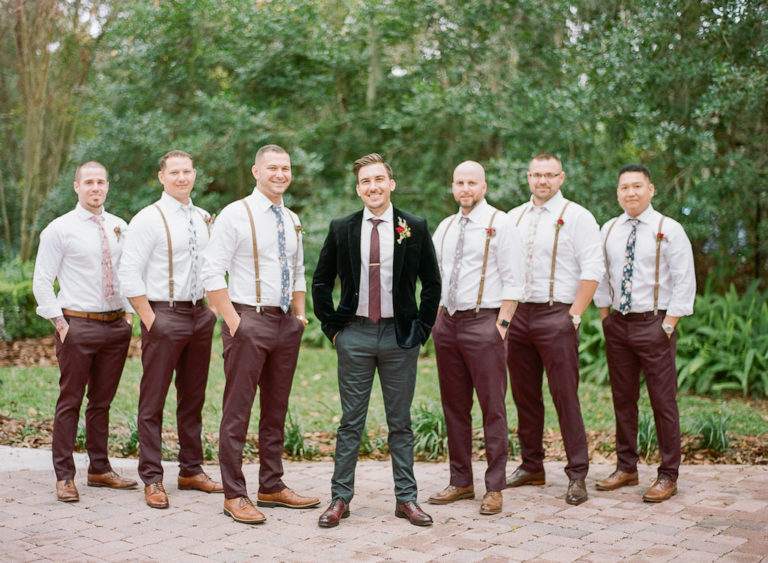Outdoor Florida Groom and Groomsmen Wedding Portrait, Groom in Green Velvet Suit, Groomsmen in