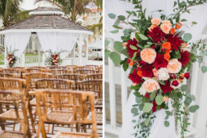 Outdoor Beach Wedding Ceremony at Gazebo with White Draping and Colorful Floral Bouquets, Greenery, Blush Pink, Red and Orange Flowers | Waterfront St. Petersburg Venue Isla Del Sol Yacht and Country Club
