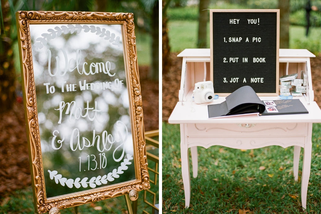 Boho Chic Inspired Outdoor Lakeland Florida Wedding Ceremony Decor, Gold Vintage Mirror Welcome Sign, Vintage Desk with Guest Photo Book