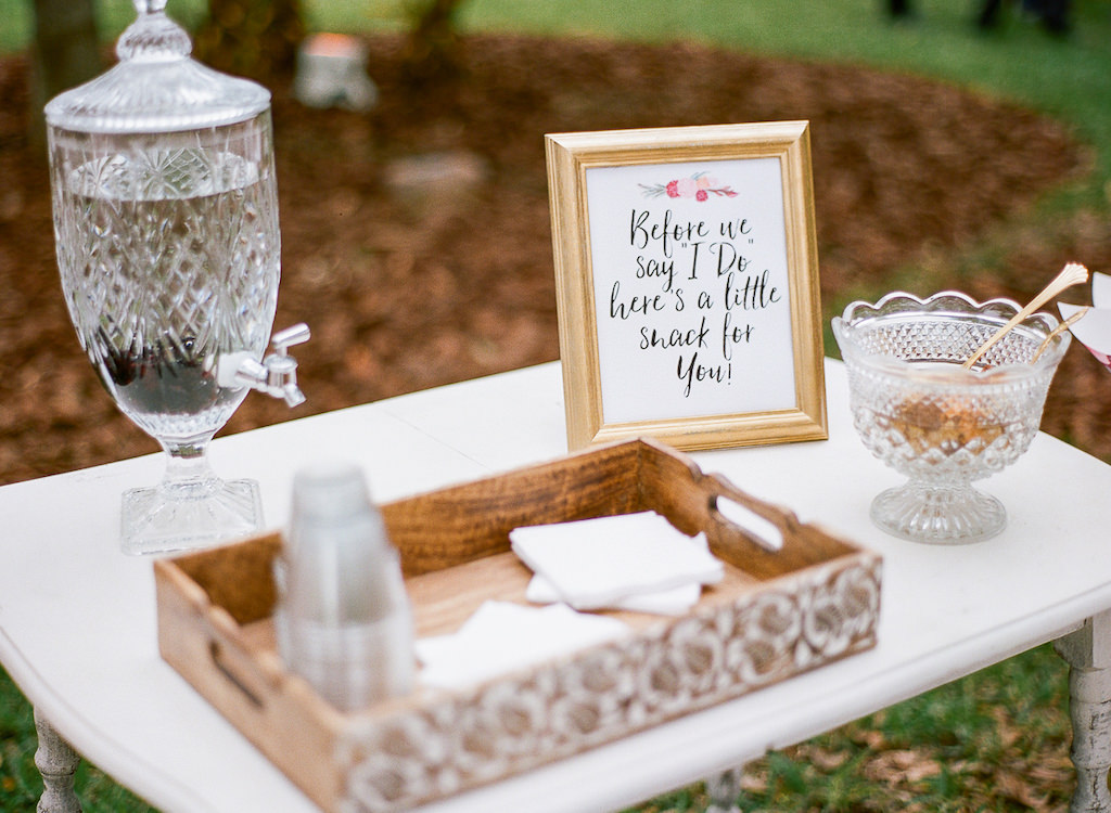 Boho Chic Vintage Inspired Wedding Ceremony Welcome Drink Snack and Drink Table