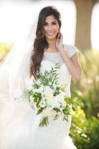 Florida Bride Wedding Portrait, Sweetheart and Illusion Cap Sleeve Rhinestone, Pearl, Lace and Tulle Mermaid Silhouette Wedding Dress with White and Greenery Floral Bouquet | Tampa Bay Wedding Photographer Andi Diamond Photography