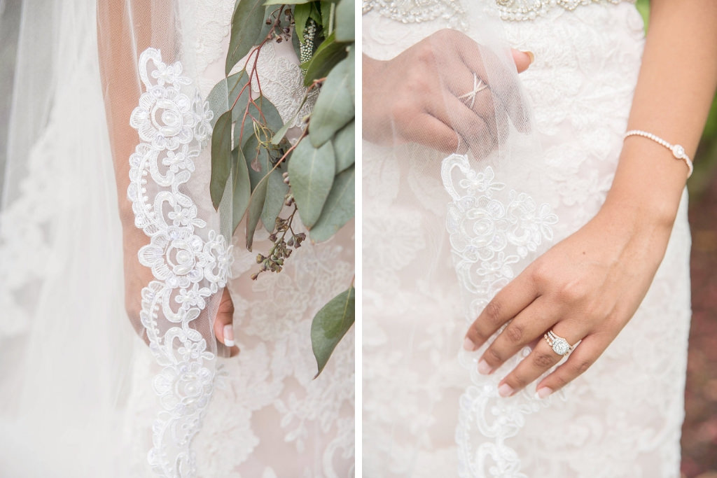 Close Up Wedding Portrait of Bride Allure Lace Wedding Dress and Veil, Diamond Engagement Ring | Tampa Bay Wedding Photographer Kristen Marie Photography
