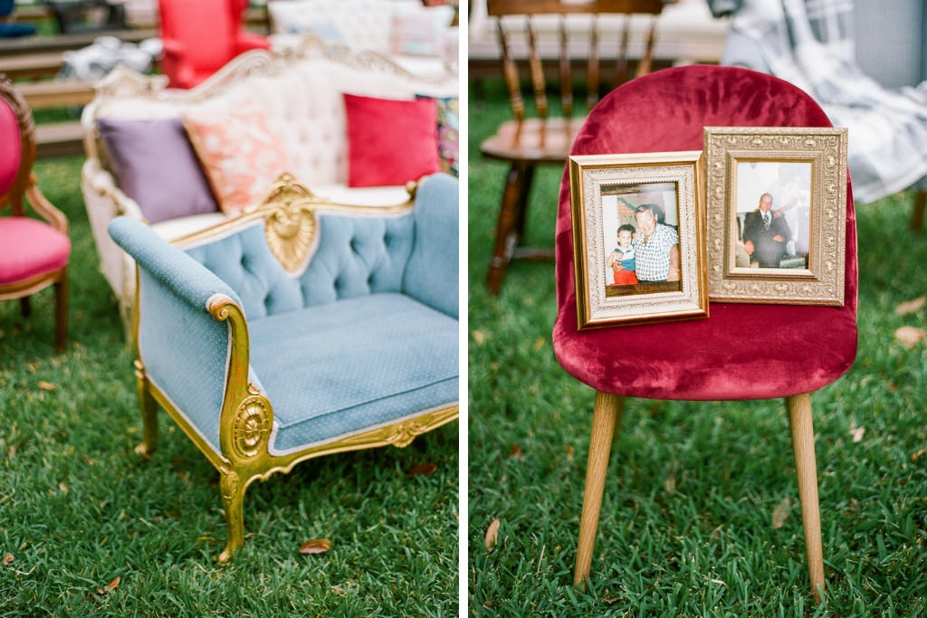 Boho Chic Inspired Outdoor Lakeland Florida Wedding Ceremony Decor, Vintage Blue Loveseat and Gold Accent, Red Velvet Chair with Photo Frames