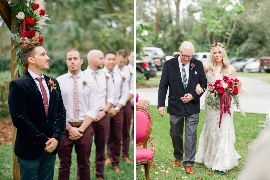 Boho Chic Inspired Outdoor Lakeland Florida Groom Watching Bride Walking Down Aisle, Bride and Father Walking Down Aisle in Long Halter Neckline Lace Wedding Dress with Red, Pink, Ivory and Greenery Floral Bouquet | Tampa Bay Bridal Shop Nikkis Glitz and Glam Bridal Boutique