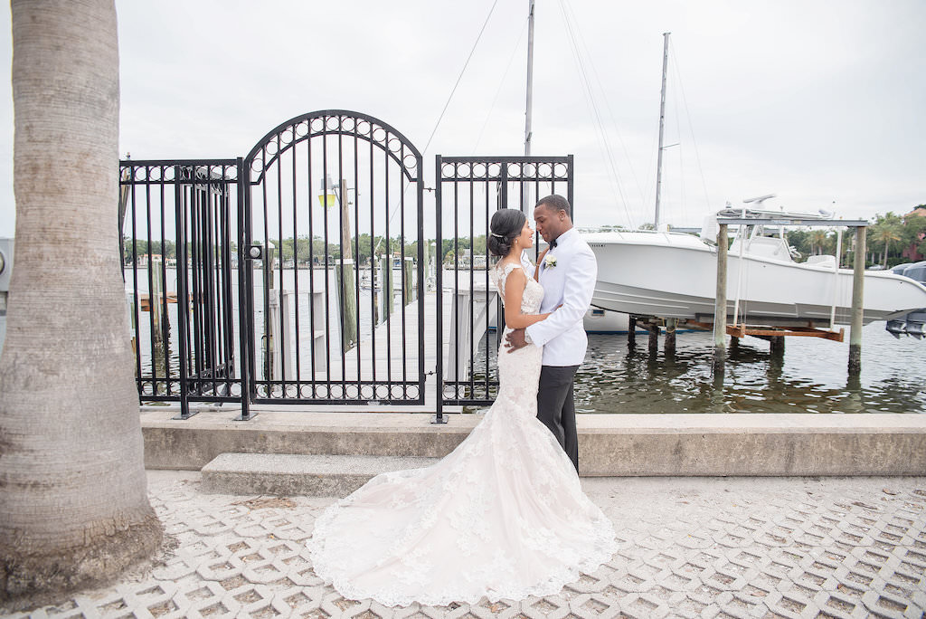 Florida Bride and Groom Wedding Portrait in Front of Boat Dock | St. Petersburg Wedding Photographer Kristen Marie Photography