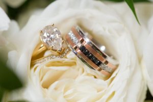 Pear Shaped Diamond in Gold Band Engagement Ring, Rose Gold and White Gold with Diamonds Groom Wedding Ring | Tampa Bay Wedding Photographer Andi Diamond Photography