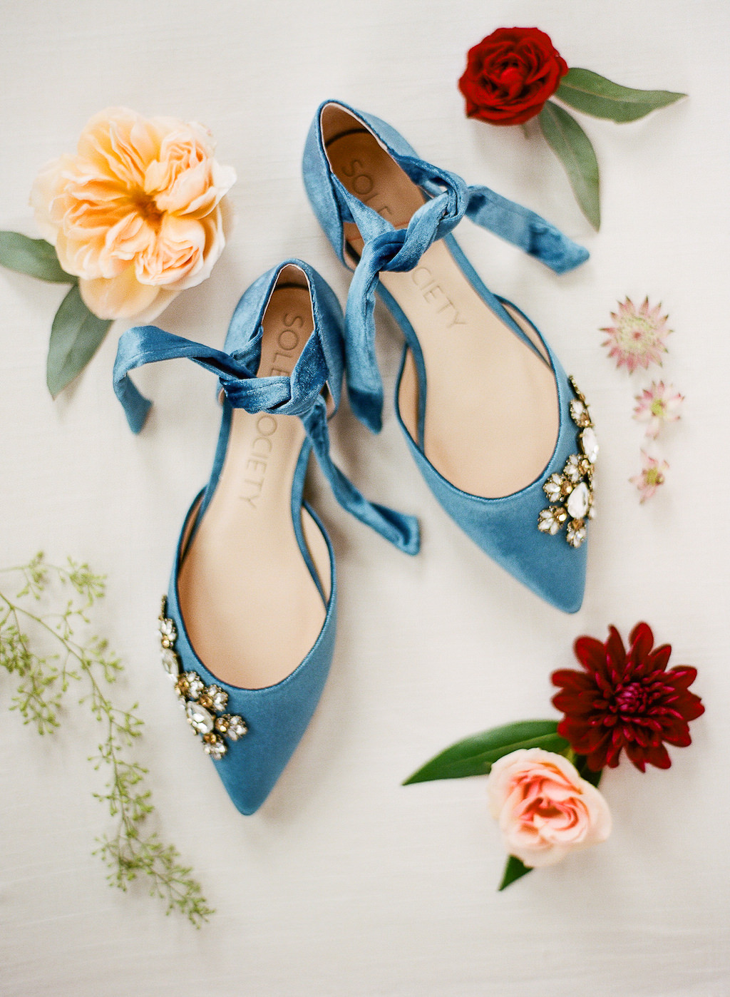 Blue Velvet Pointed Toe with Rhinestone Accent Flat Wedding Shoes
