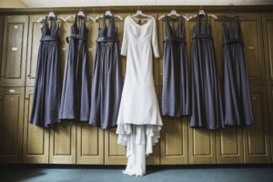 Long Sleeve V-Neck Mermaid Crepe and Lace Wedding Dress, Matching Grey Halter Top Bridesmaids Dresses