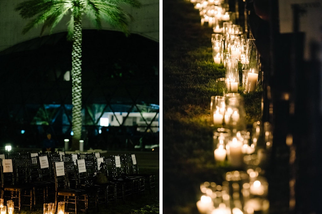 Outdoor Nighttime Ceremony with Candlelit Aisle | St Petersburg, Florida Wedding at the Mahaffey Theatre