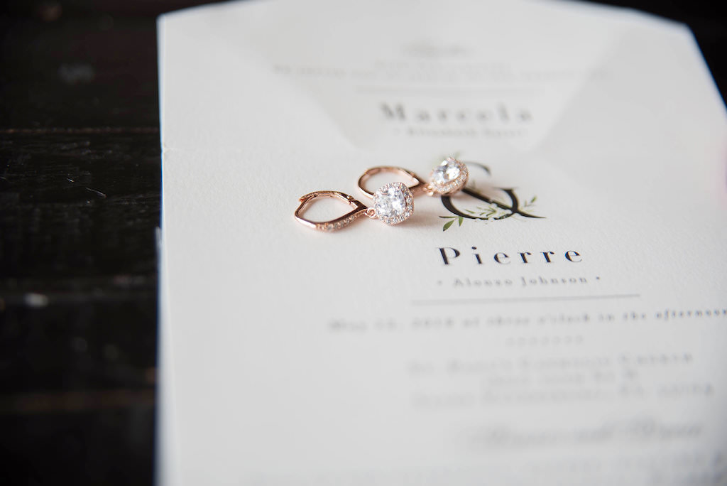 Romantic Modern White Wedding Invitation and Rose Gold and Diamond Dangle Earrings | Tampa Bay Wedding Photographer Kristen Marie Photography