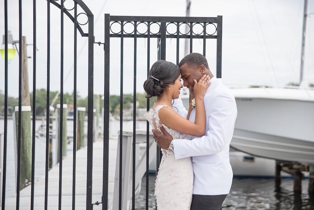 Florida Bride and Groom Wedding Portrait in Front of Boat Dock | Tampa Bay Wedding Photographer Kristen Marie Photography