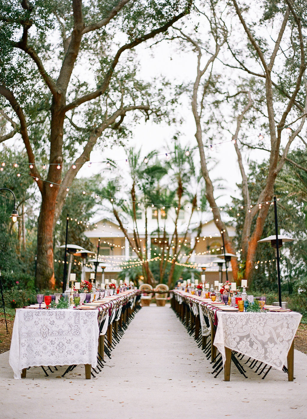 Boho Chic Vintage Inspired Wedding Reception Outdoor Lakeland Florida Wedding Decor, Long Feasting Tables with Lace Tablecloths