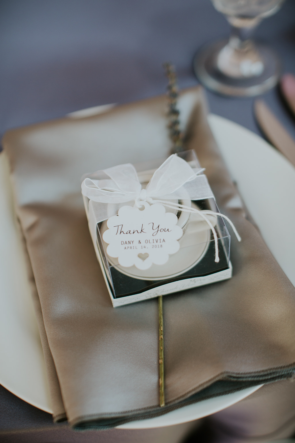 Tea Cup Wedding Favor on Silver Linen | Tampa Bay Wedding Photographer Brandi Image Photography