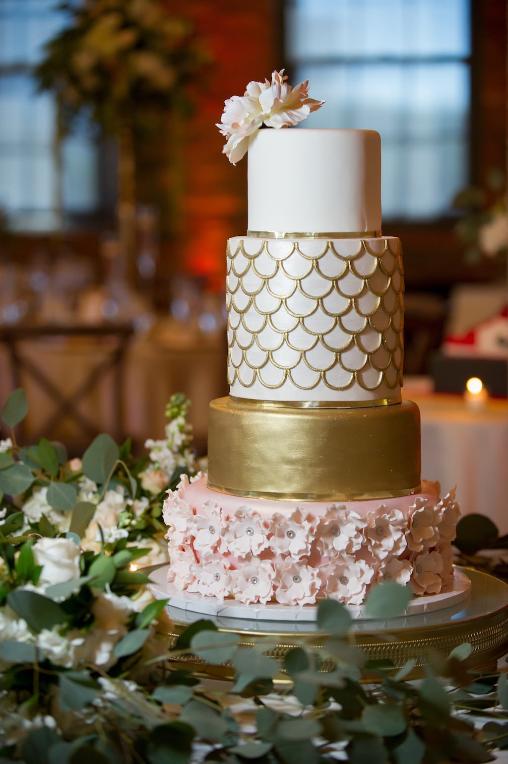 Four Tier Wedding Cake, Bottom Pink Sugar Floral Layer, Gold Painted Layer, Gold Design on White Cake Layer | Tampa Bay Wedding Photographer Andi Diamond Photography
