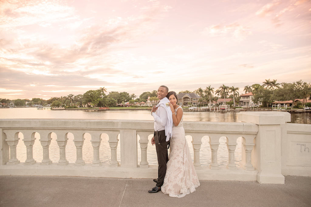 Romantic Waterfront Outdoor Sunset Bride and Groom Wedding Portrait | Tampa Bay Wedding Photographer Kristen Marie Photography