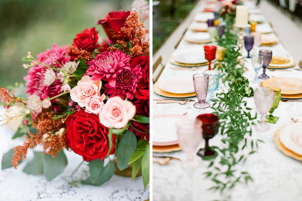 Boho Chic Vintage Inspired Outdoor Lakeland Florida Wedding Reception Decor, Red, Pink, Blush Pink and Greenery Floral Centerpiece, Long Feasting Table with White Lace Tablecloth, Gold Chargers, Antique Plates, Greenery Garland
