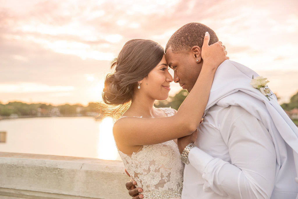 Romantic Waterfront Outdoor Sunset Bride and Groom Wedding Portrait | Tampa Bay Wedding Photographer Kristen Marie Photography