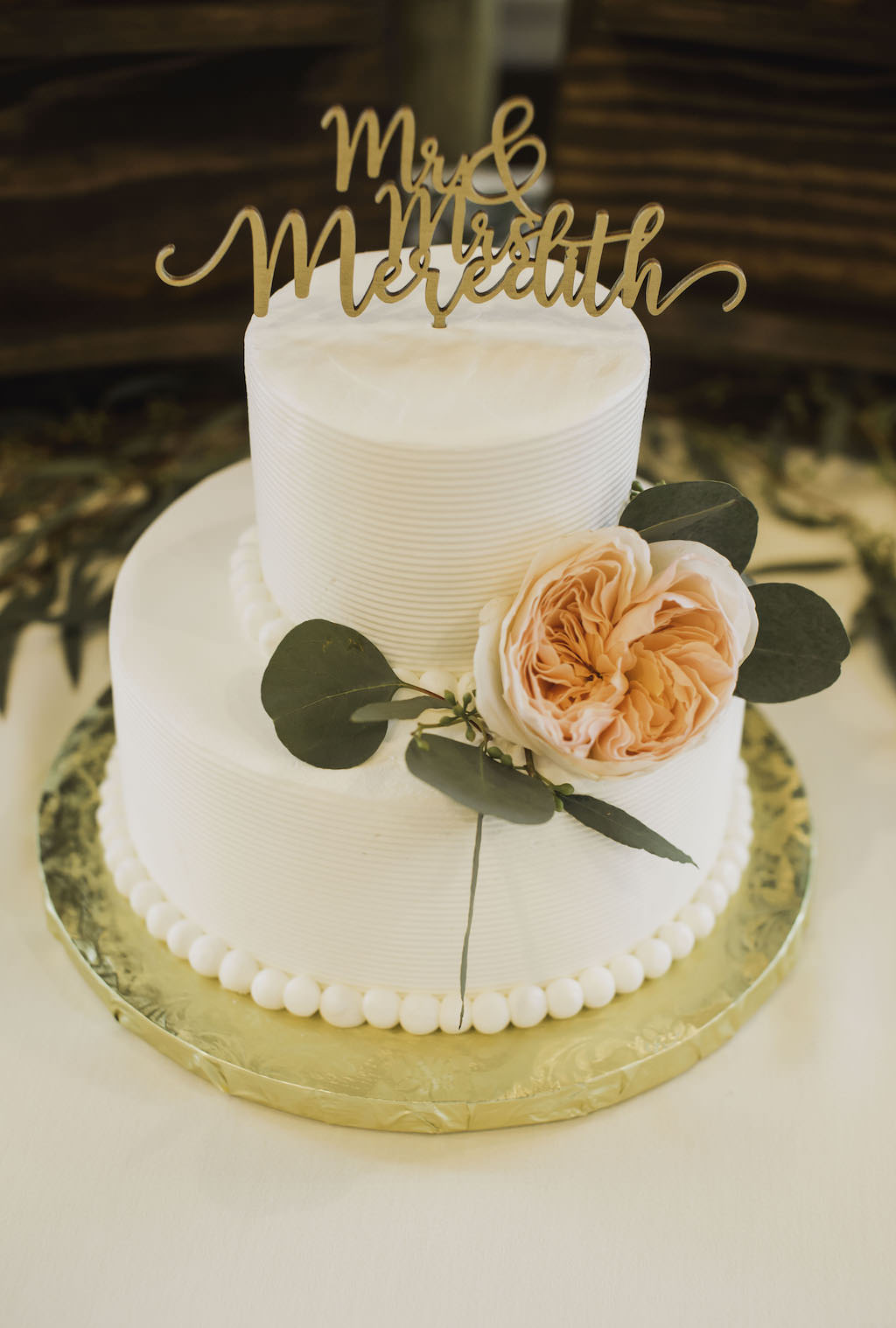 Simple White Two Tier Wedding Cake with Beaded Bottom and Blush Pink Garden Rose and Green Silver Dollar Leaf, Custom Personalized Laser Cut Cake Topper