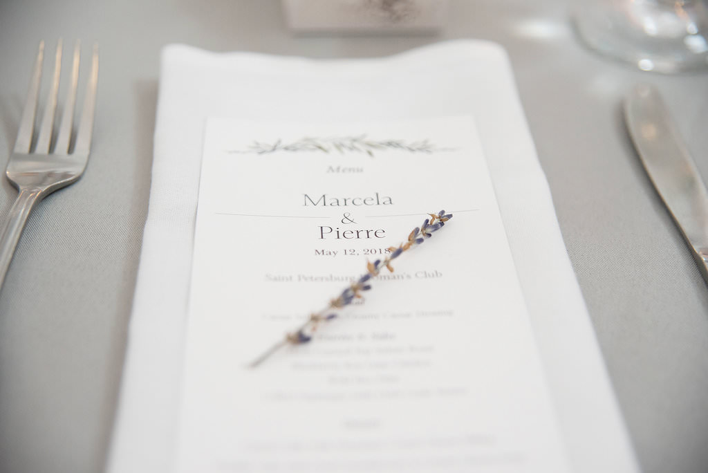 Wedding Reception Decor, White Linen, Romantic Inspired White Menu | Tampa Bay Wedding Photographer Kristen Marie Photography