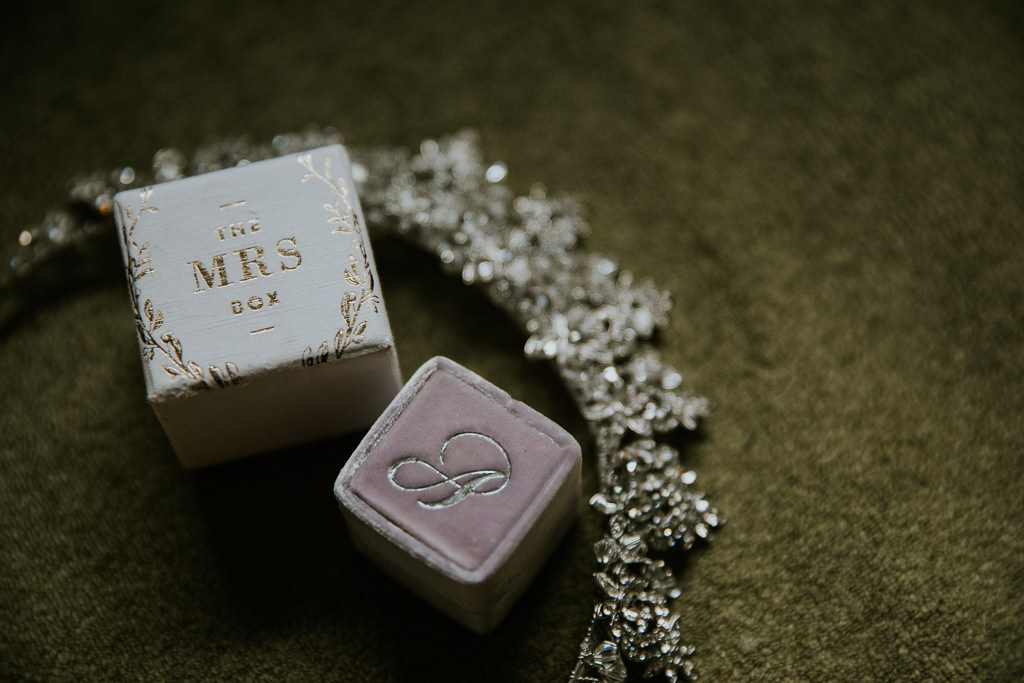 Blush Pink Velvet and Gold Monogram Initial The Mrs Ring Box | Tampa Bay Wedding Photographer Brandi Image Photography