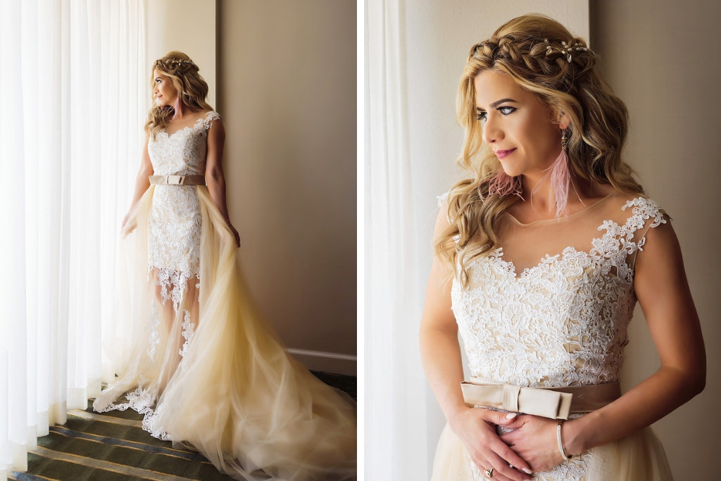 Florida Bride Getting Ready Portrait, Bride in Lace and Illusion High Scoop Neckline and Satin Champagne Belt and Tulle Train with Beaded Down Bridal Hair Do | Tampa Bay Wedding Hair and Makeup Femme Akoi