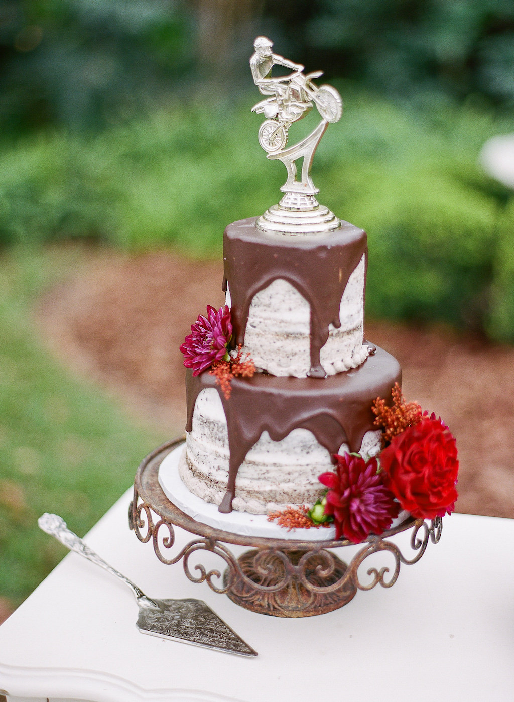 Two Tier Wedding Cake with Chocolate Drip, Real Red and Pink Flowers, Motorcyclist Cake Topper