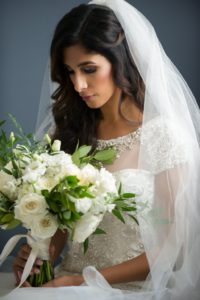 Bride Wedding Portrait in Sweetheart, Illusion Cap Sleeve Scoop Neckline with Pearls, Rinestones, Lace Mermaid Fitted Wedding Dress with White Rose and Greenery Floral Bouquet | Tampa Bay Wedding Photographer Andi Diamond Photography