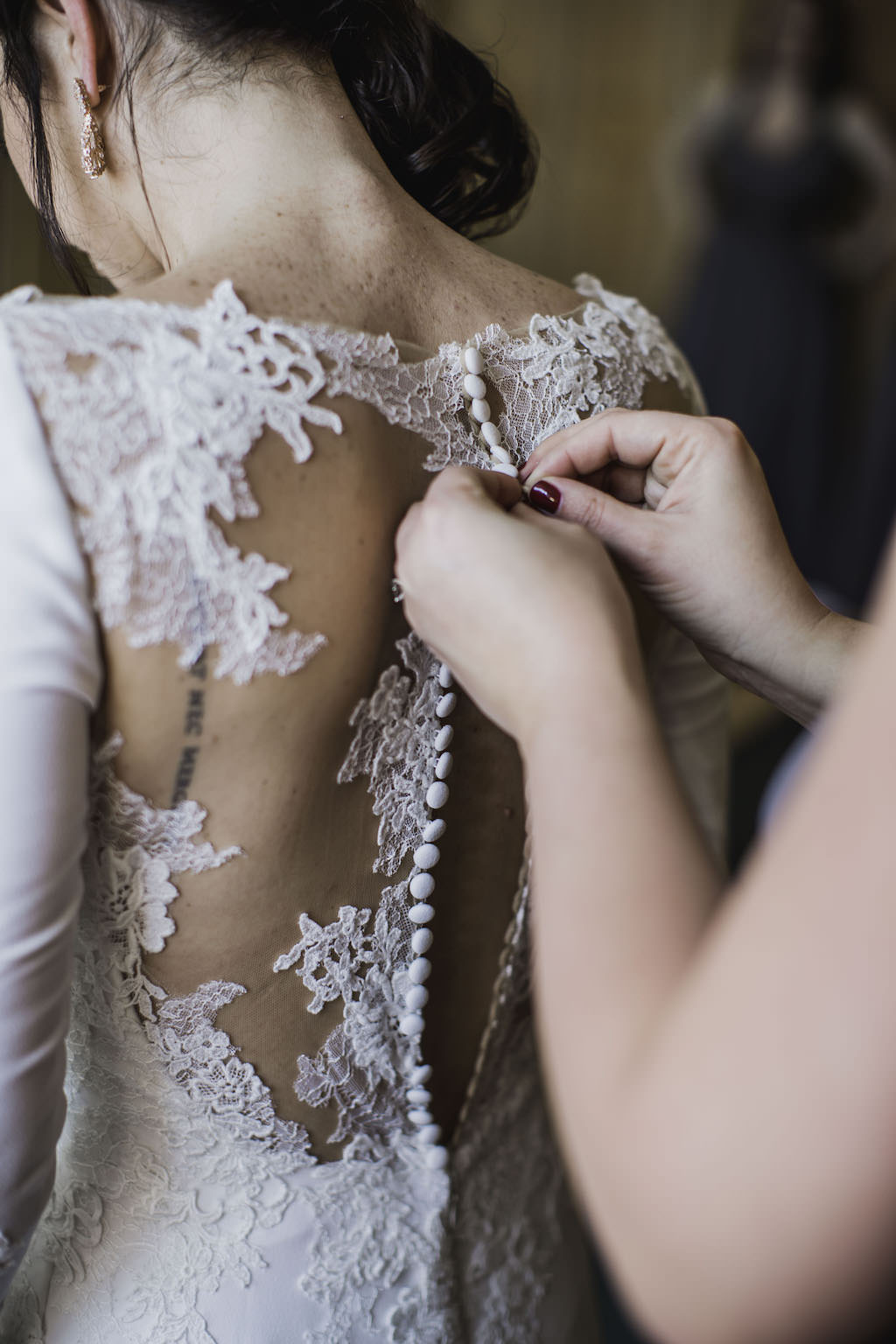 Bride Getting Ready Wedding Portrait, Lace and Illusion Button Down Back Wedding Dress