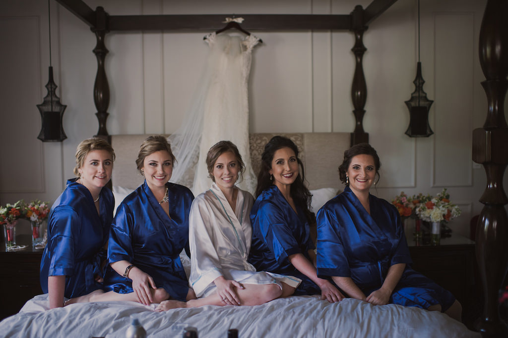 Bride and Bridesmaids Getting Ready Wedding Portrait, Bridesmaids in Silk Royal Blue Robes