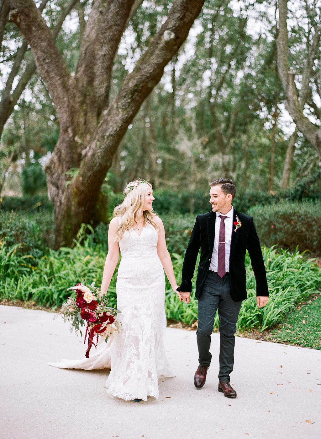 Outdoor Florida Bride and Groom Wedding Portrait, Bride in Fitted Lace and Tanka Top Strap Wedding Dress, Groom in Velvet Tuxedo | Tampa Bay Bridal Shop Nikki's Glitz and Glam Boutique
