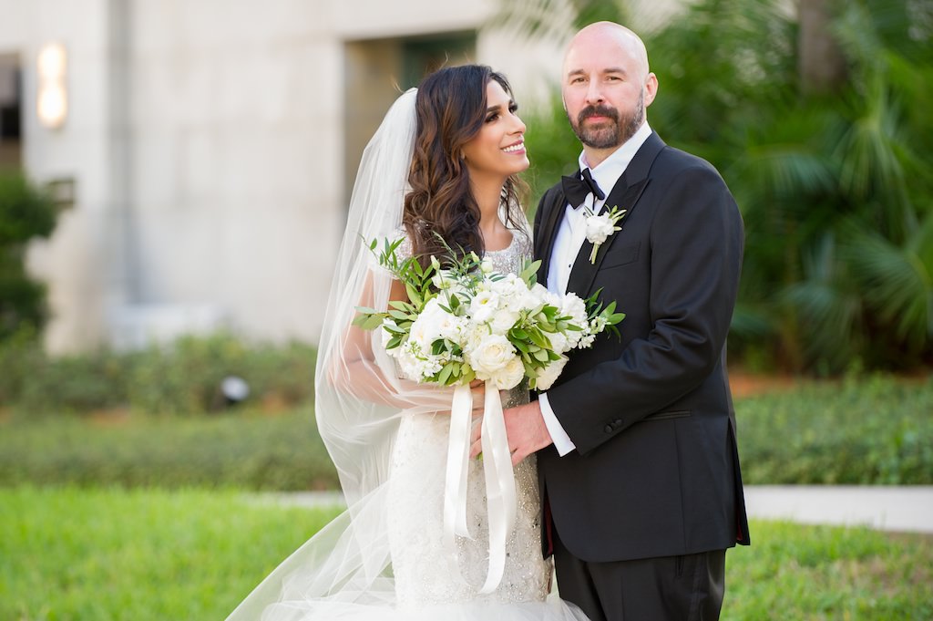 Bride and Groom Outdoor First Look Downtown Tampa Wedding Portrait, Groom in Black Tuxedo | Tampa Bay Wedding Photographer Andi Diamond Photography