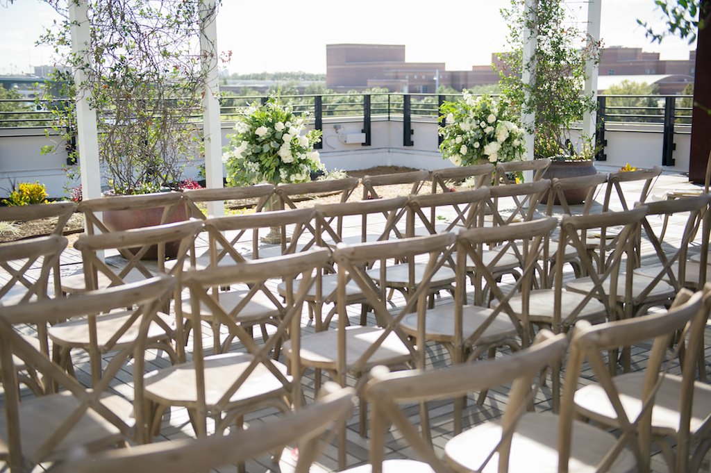 Rooftop 220 Garden Terrace Outdoor Wedding Venue, Wooden Chiavari Chairs | Tampa Bay Wedding Photographer Andi Diamond Photography | Tampa Industrial Unique Wedding Venue Armature Works