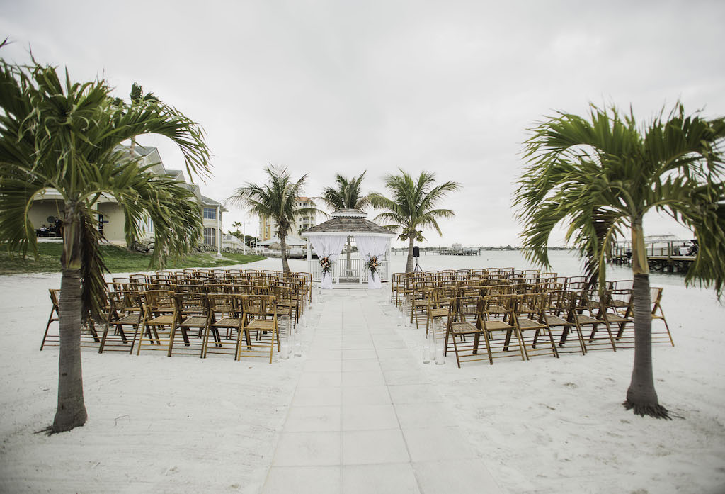 Outdoor Beach Wedding Ceremony at Gazebo with White Draping and Colorful Floral Bouquets | Waterfront St. Petersburg Venue Isla Del Sol Yacht and Country Club