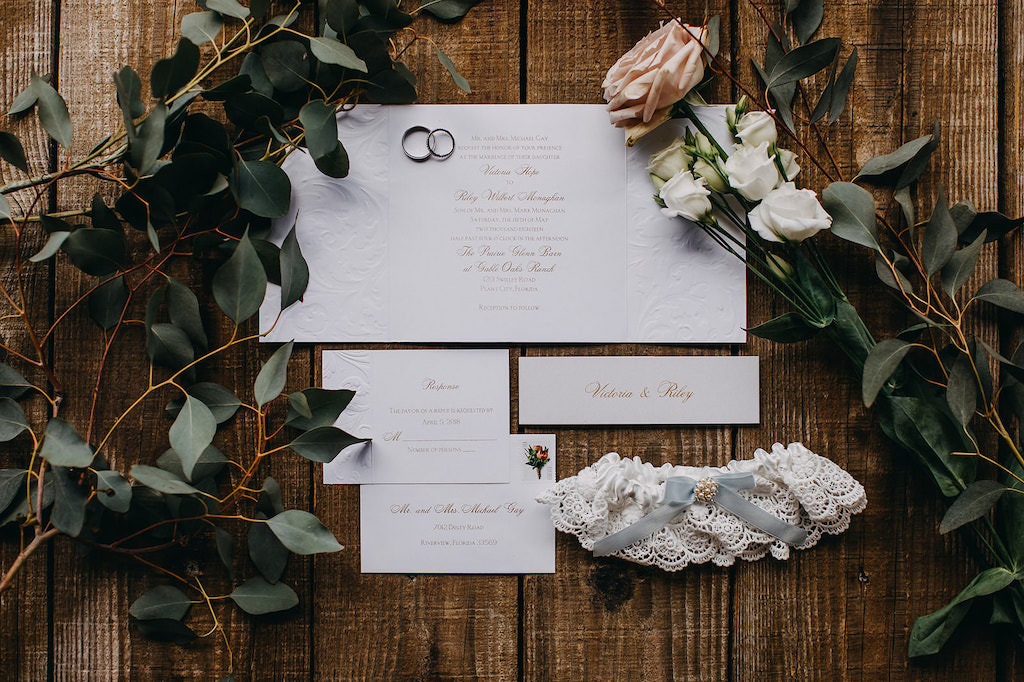 Rustic Inspired Wedding Invitation Suite, Lace Garter with Blue Ribbon and Pearls, Greenery and Blush Pink, White Roses