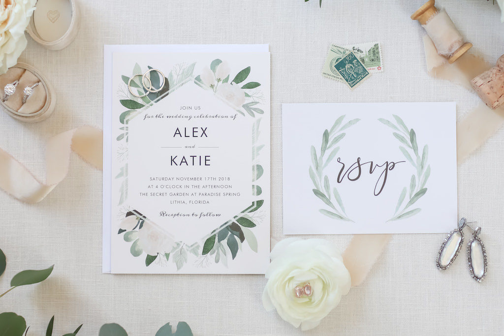 Nature Chic Inspired Elegant White Wedding Invitation with Floral and Greenery Watercolor Design
