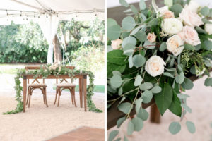 Nature Chic Inspired Wedding Reception Decor, Outdoor Tent Wedding Reception, Wooden Table with Greenery Garland and Ivory Roses, Wooden Chiavari Chairs | Wedding Planner Love Lee Lane | Tampa Bay Wedding Photographer Lifelong Photography Studio
