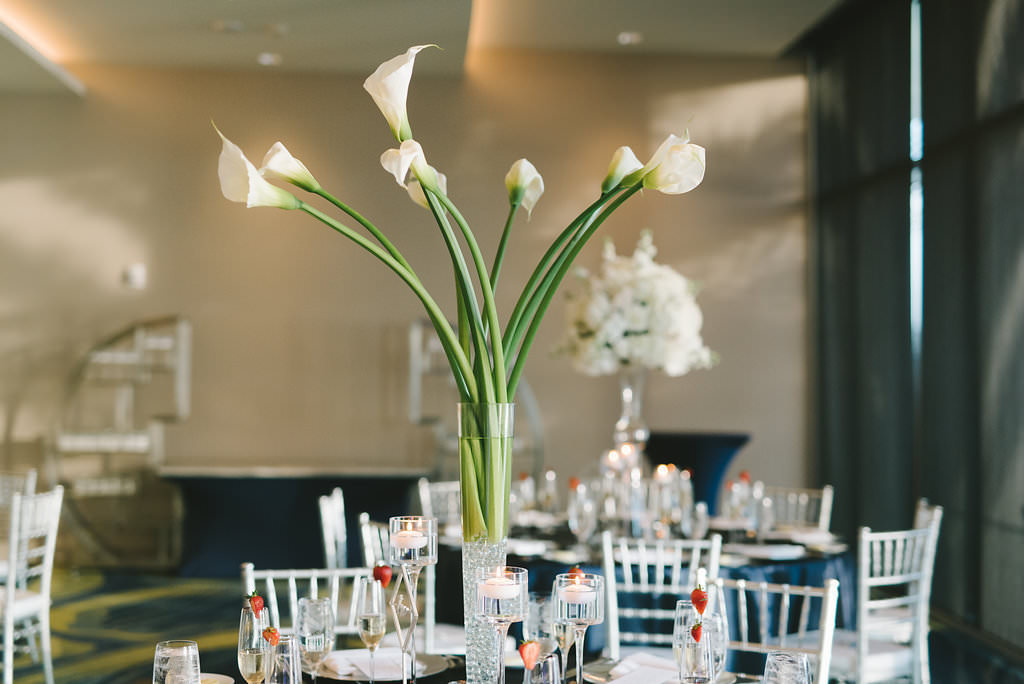 Ballroom Modern Elegant Wedding Reception Decor, White Tulips in Tall Glass Cylinder Centerpiece and Floating Candles | Tampa Bay Wedding Photographer Kera Photography