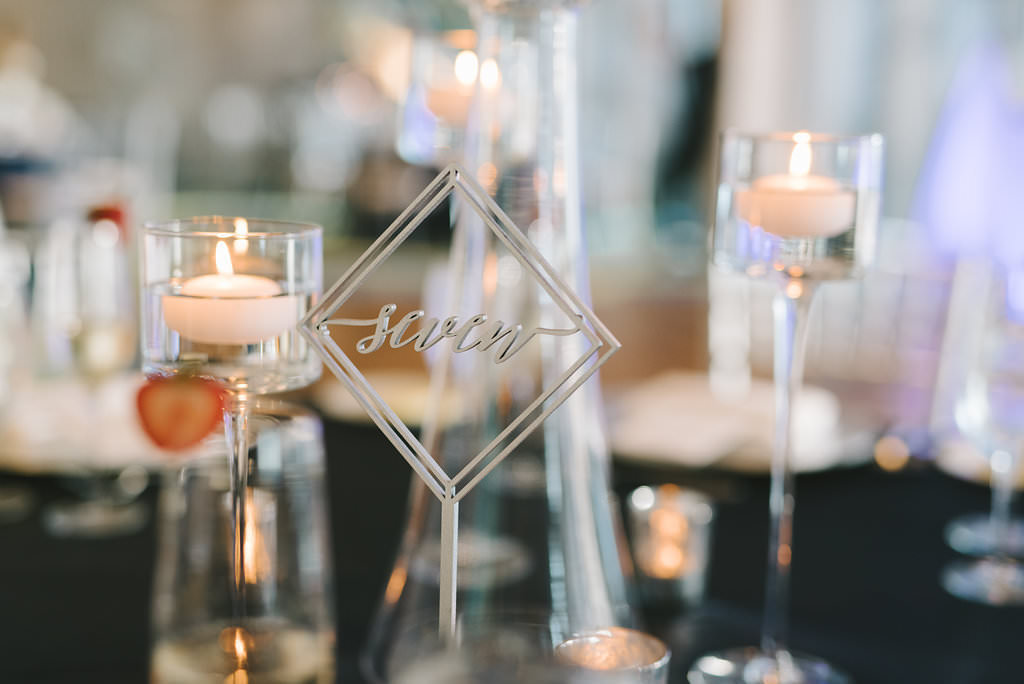 Modern Elegant Reception Decor, Silver Metal Laser Cut Table Number | Tampa Bay Wedding Photographer Kera Photography