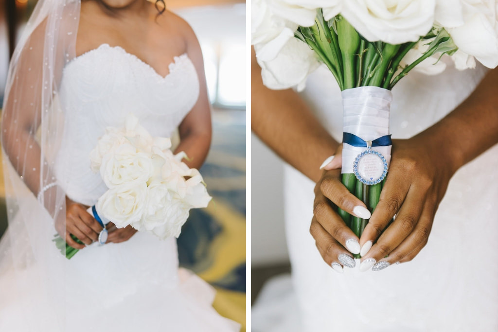 Florida Bride Wedding Portrait, Sweetheart Strapless Beaded Mermaid and Tulle Wedding Dress with White Rose Bouquet and White Silk and Brooch | Tampa Bay Wedding Photographer Kera Photography
